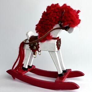 Vintage Hand Painted Wood Rocking Horse Red Yarn Mane Tail  Leather-like Saddle